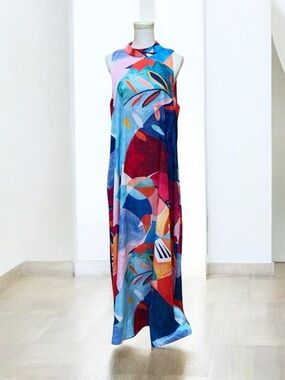 Nicole Miller Color Abstract Print Matte Sleeveless Summer Resort Maxi Dress XL